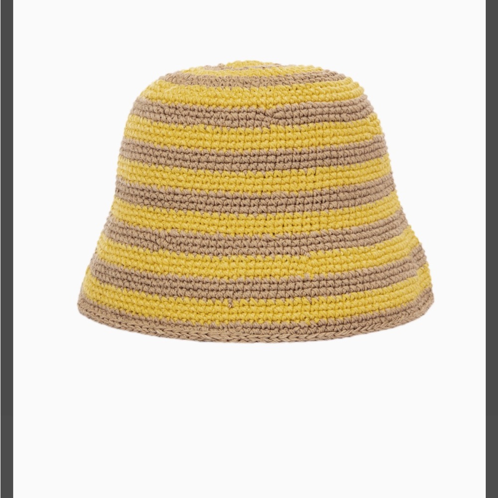 Yellow and Tan Striped Bucket Hat with Textured Knit